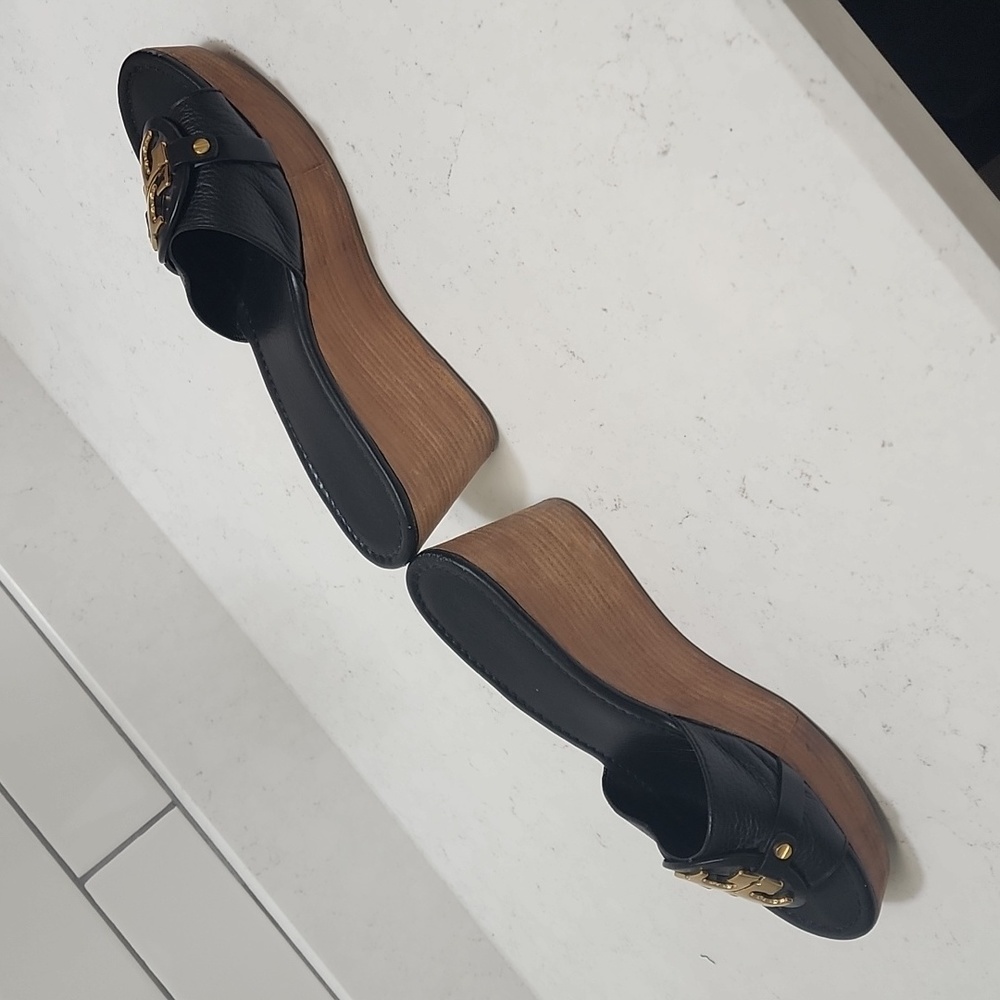 Tory Burch Black Wedges with Gold Logo - Picture 2 of 6